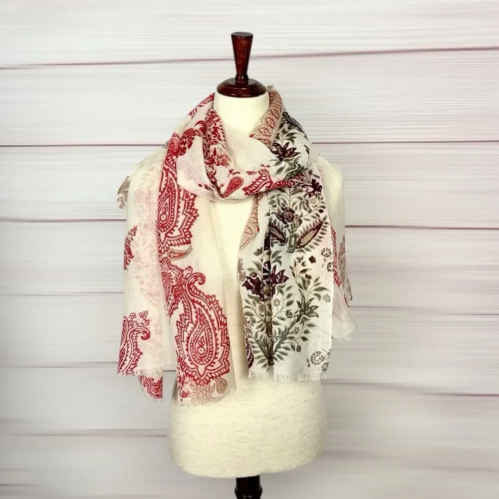 NWOT J. Jill Lightweight Oblong Scarf Woven Wool Paisley Wrap Ivory Red 24x70